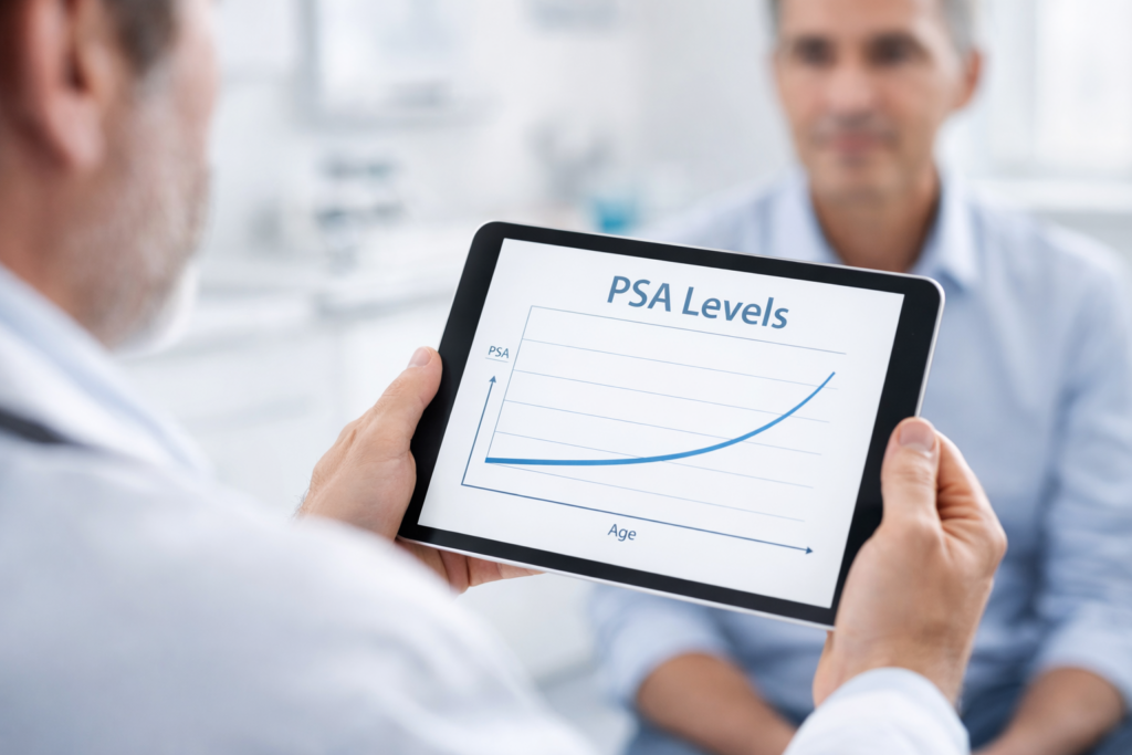 Doctor pointing at a digital screen showing a prostate health chart and PSA levels.
