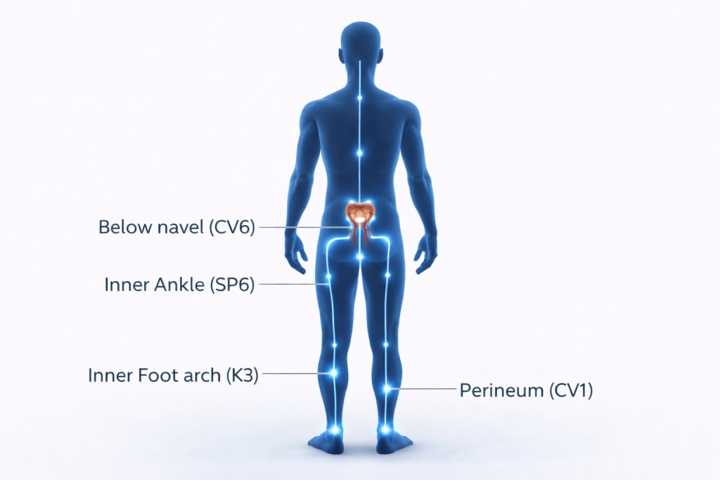 Anatomical chart showing the exact location of CV6, SP6, K3, and CV1 points for prostate health.