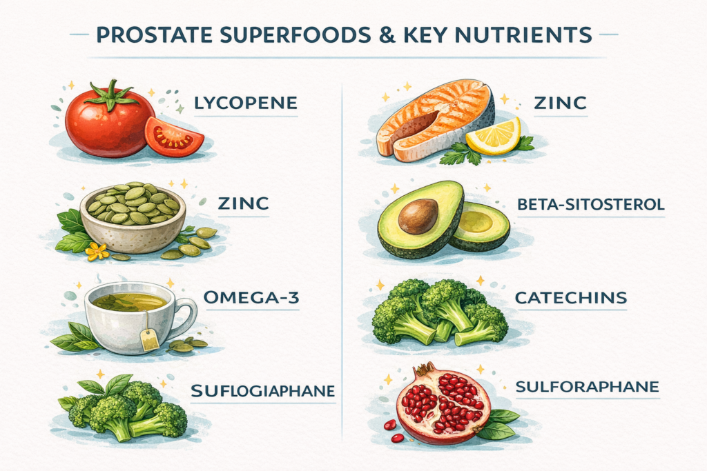 Infographic illustrating top foods that shrink prostate and their key nutrients, such as tomatoes with lycopene and pumpkin seeds with zinc.