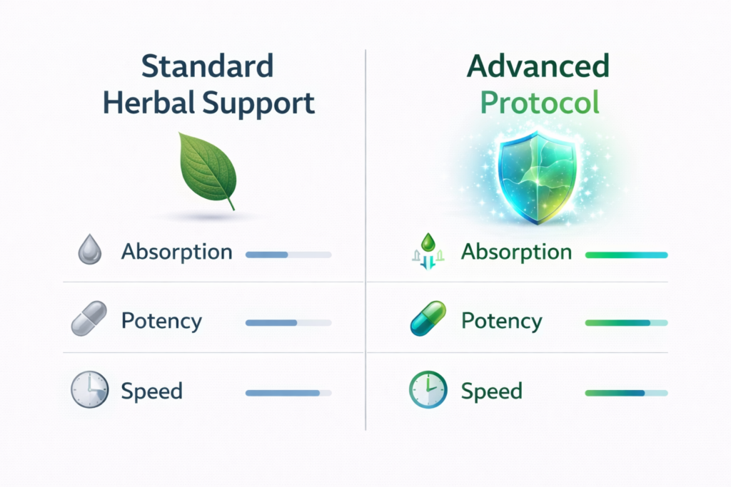 Comparison chart showing the difference between herbal support and full-spectrum prostate protocols
