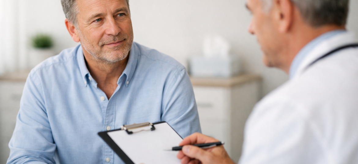 Man discussing prostate warning signs with a doctor during a medical consultation