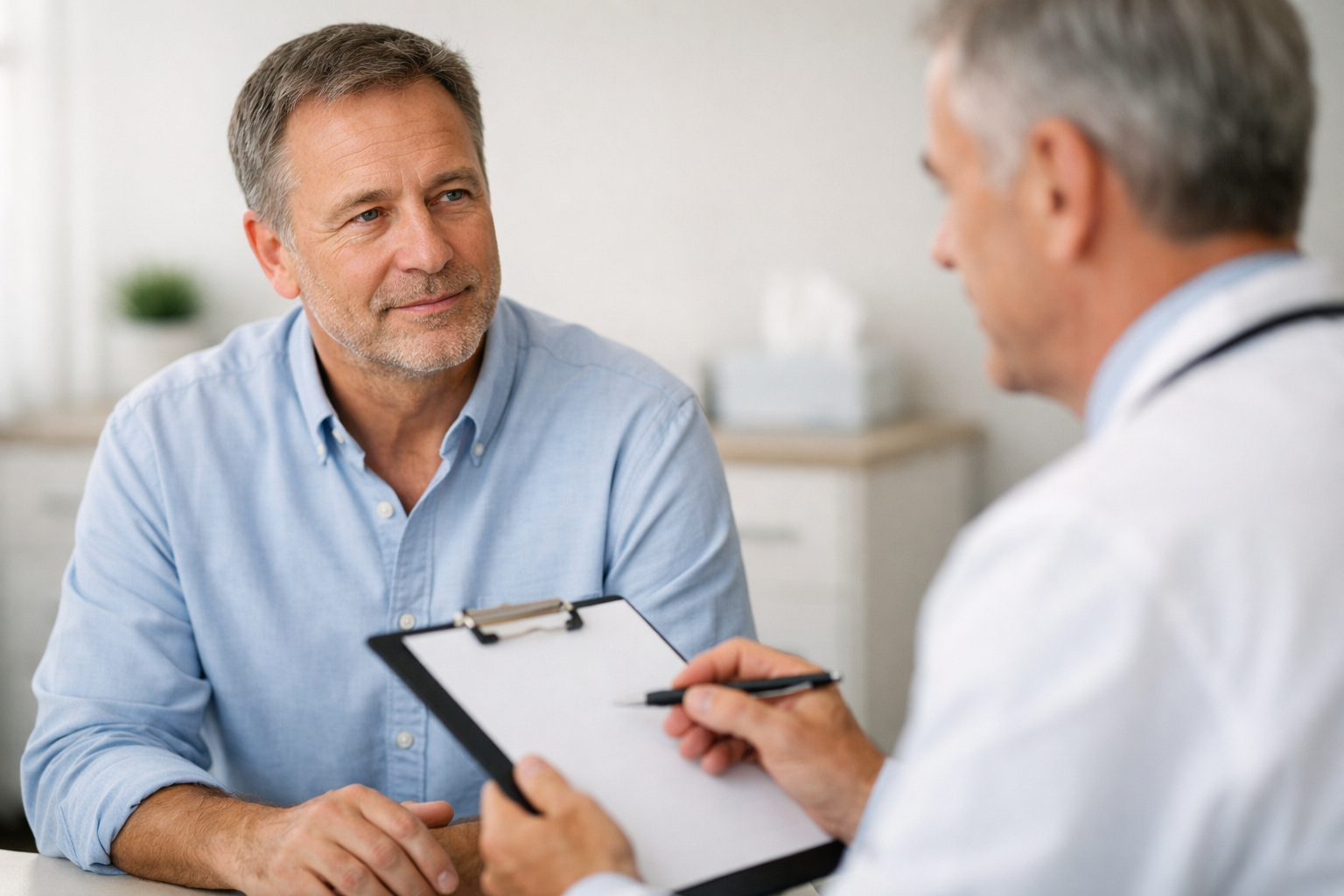 Man discussing prostate warning signs with a doctor during a medical consultation
