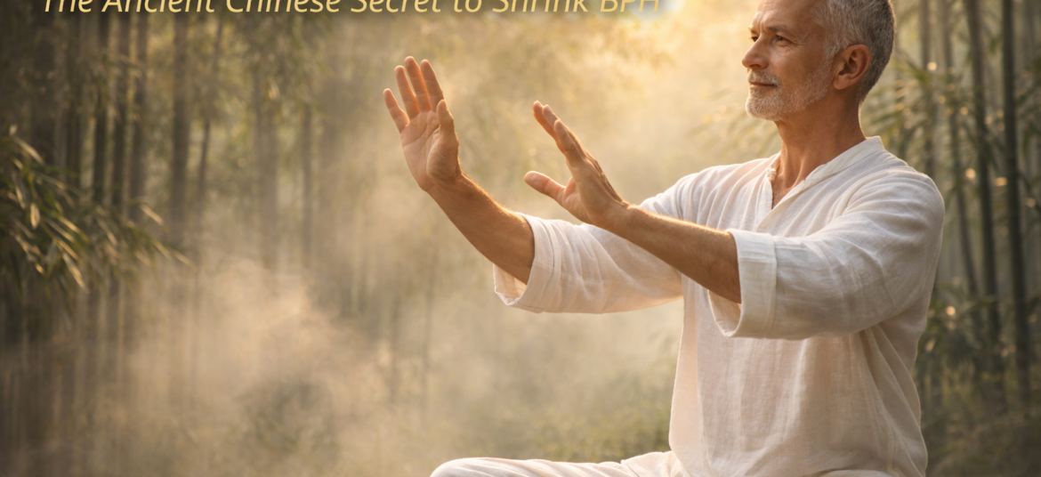 Senior man practicing gentle Qigong movements in a bamboo forest at sunrise.