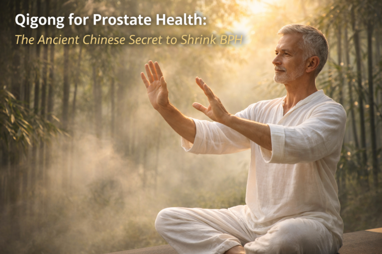 Senior man practicing gentle Qigong movements in a bamboo forest at sunrise.