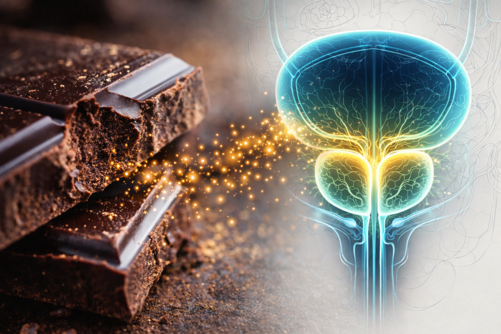 Diagram showing antioxidants from dark chocolate targeting the prostate gland