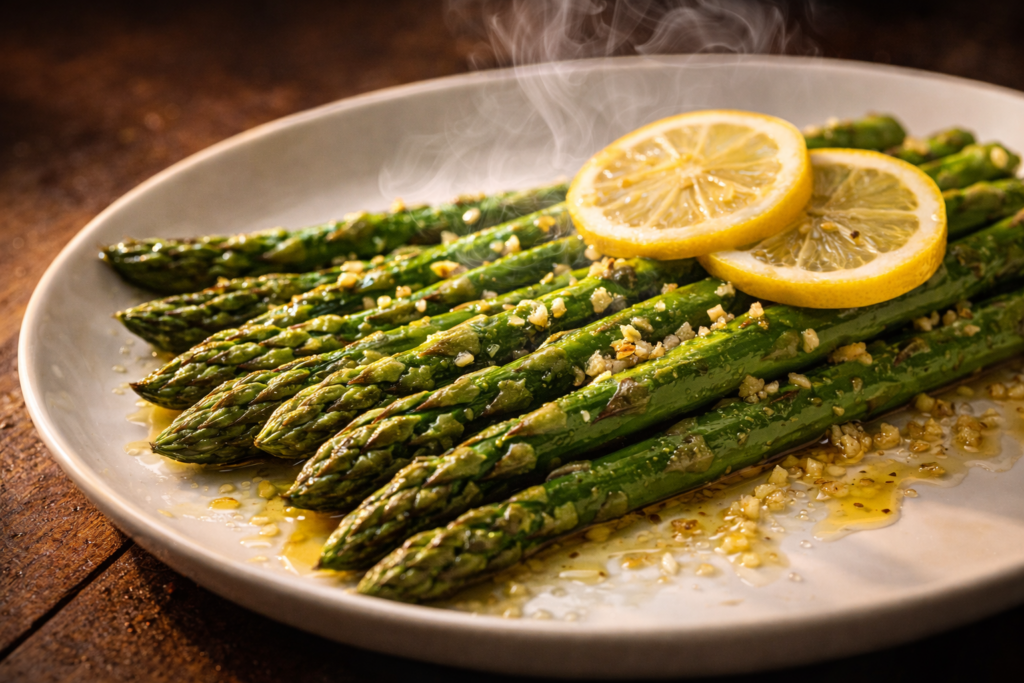 A delicious plate of roasted asparagus with lemon slices and garlic.A delicious plate of roasted asparagus with lemon slices and garlic.