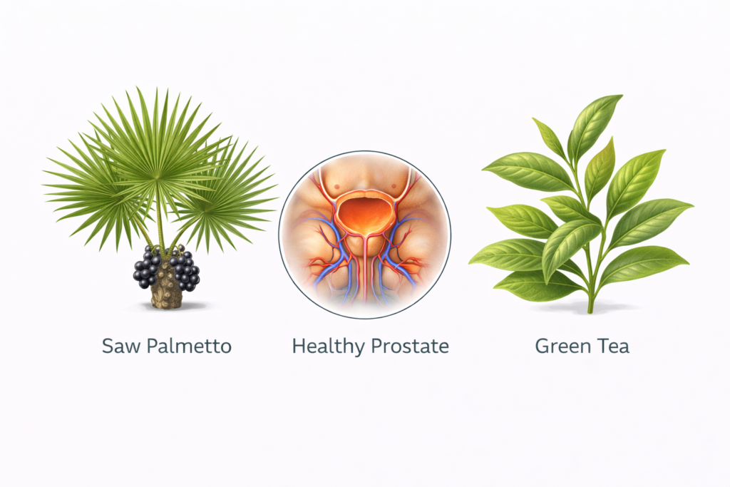 Illustration of Saw Palmetto and Green Tea acting on prostate cells.