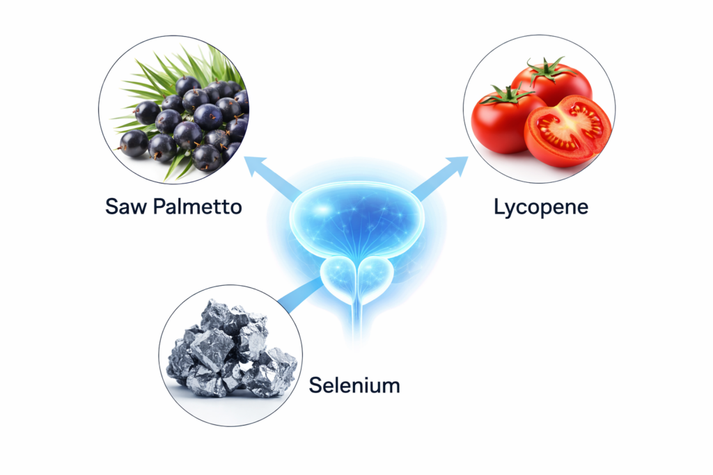Illustration of the three main ingredients: Saw Palmetto, Lycopene, and Selenium.