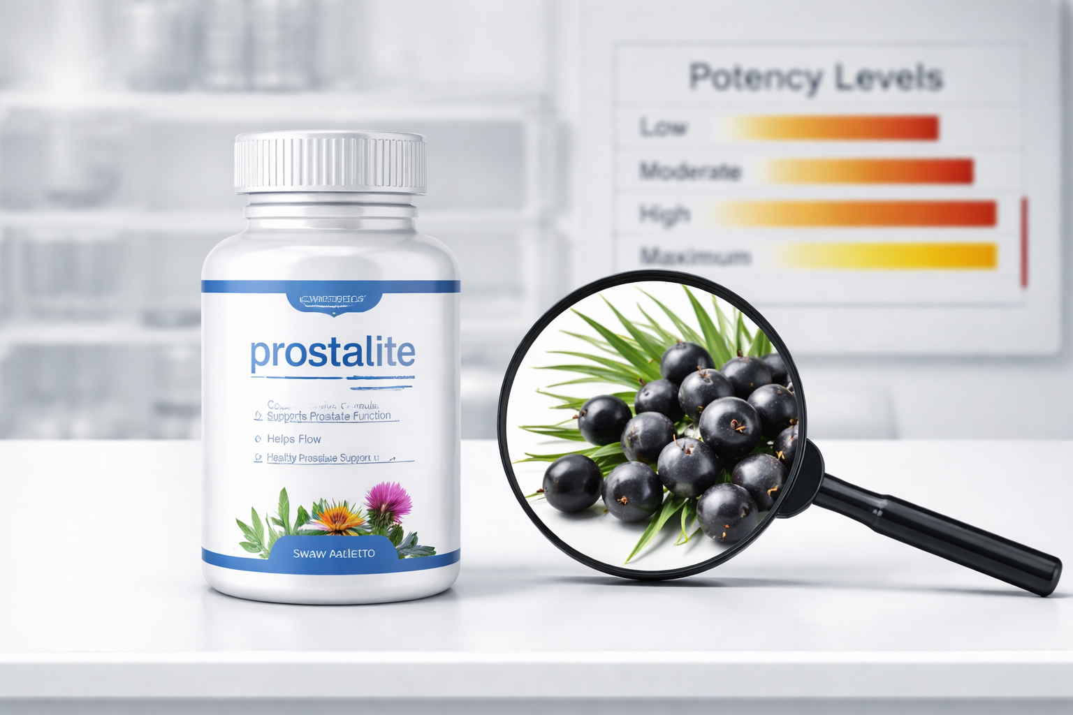 A bottle of Schiff Prostate Health next to a magnifying glass showing ingredients.