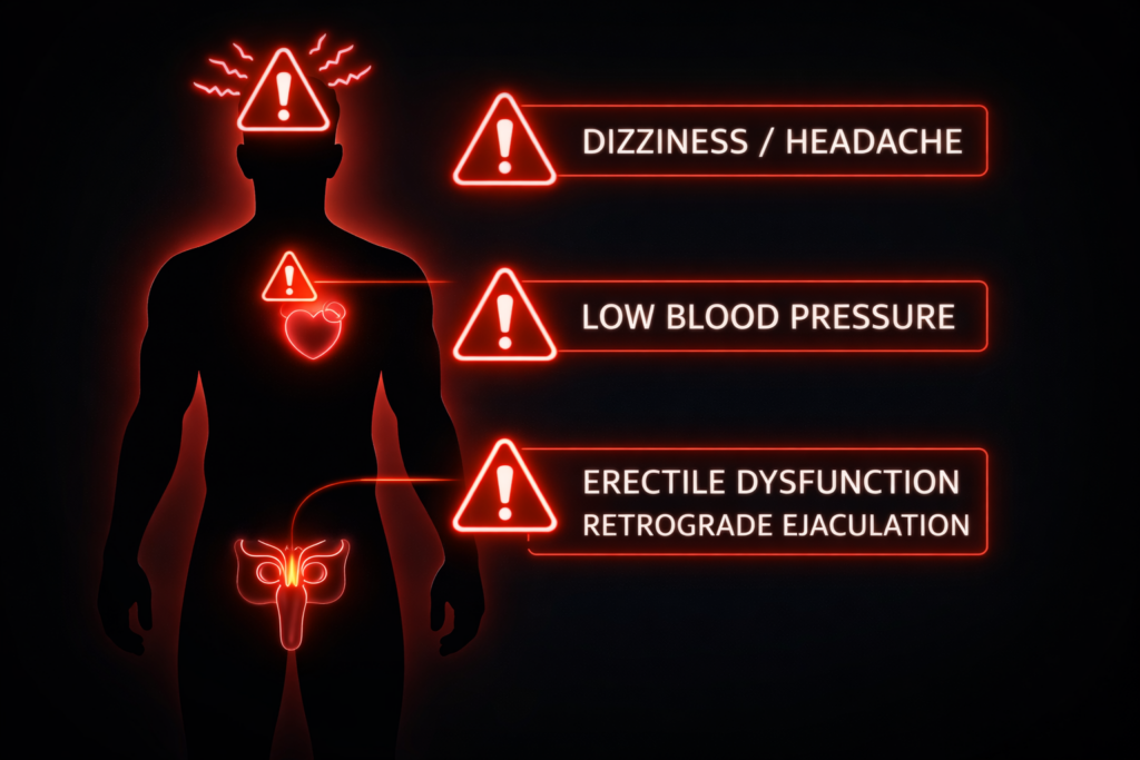 nfographic listing side effects like dizziness, retrograde ejaculation, and fatigue.