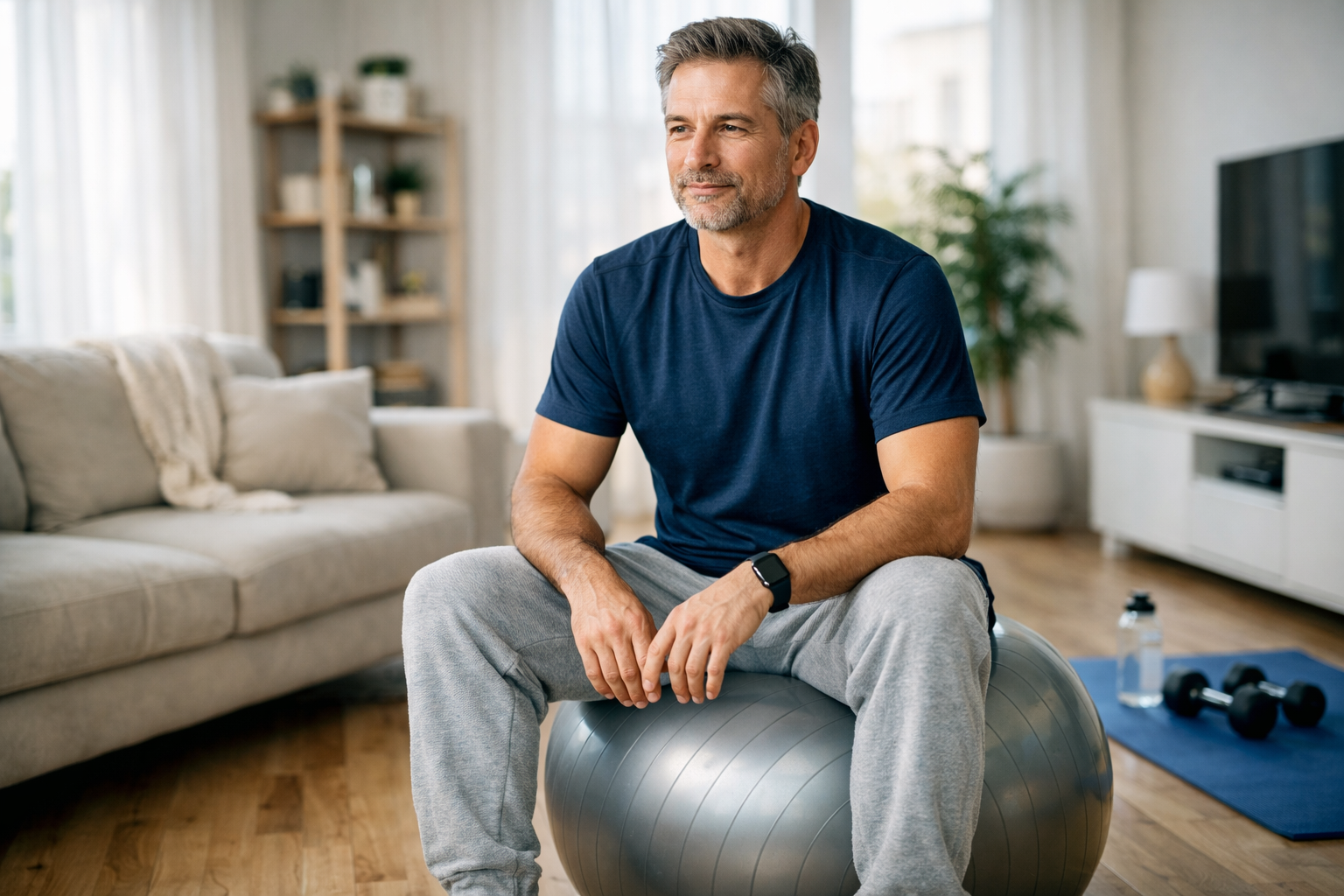 Man practicing pelvic floor awareness to support bladder control