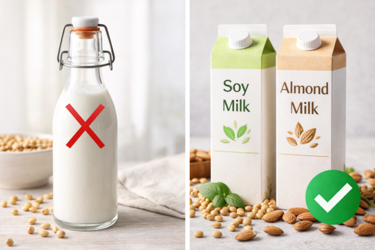 Comparison between cow milk, soy milk, and almond milk with a prostate health symbol.