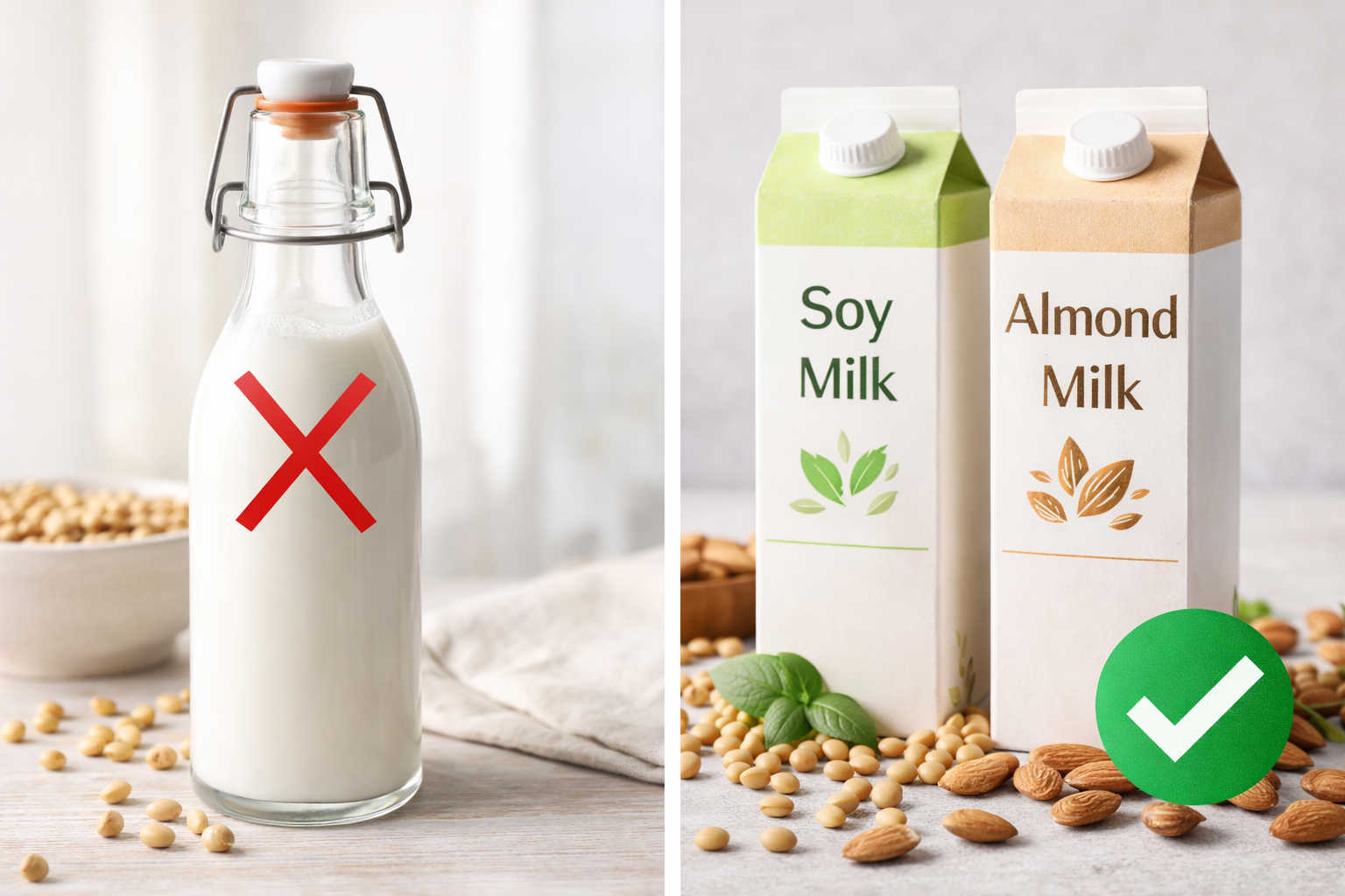Comparison between cow milk, soy milk, and almond milk with a prostate health symbol.