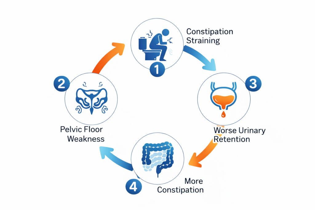 Diagram showing the cycle of straining, weak muscles, and worsening BPH symptoms.