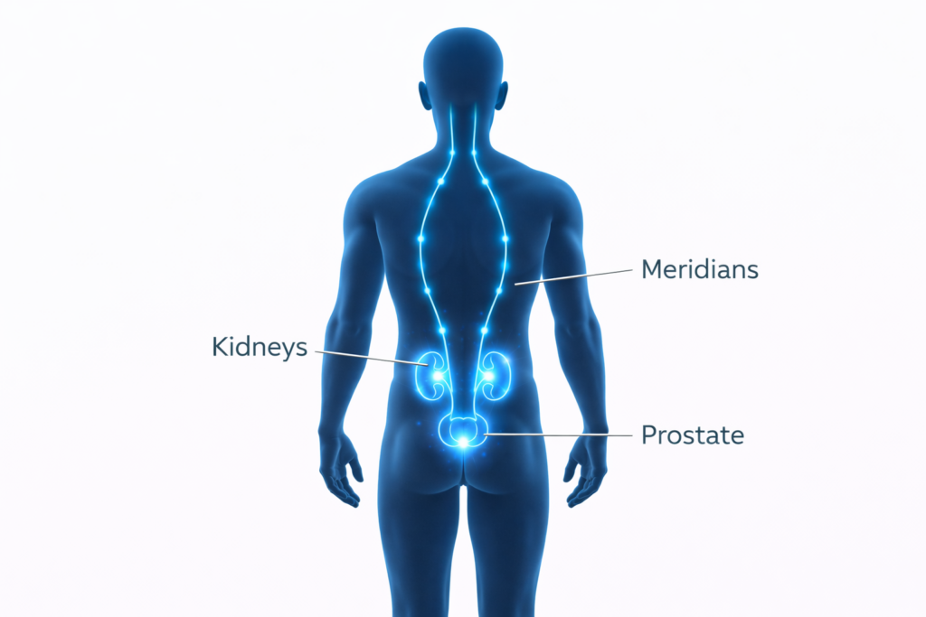 Illustration showing the connection between Kidney energy and Prostate health in Chinese Medicine