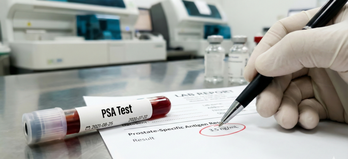 Doctor explaining PSA levels chart by age on a digital tablet to a middle-aged man in a clinical setting.