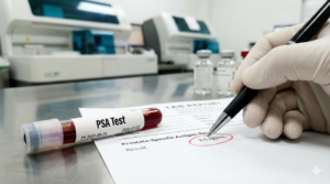 Doctor explaining PSA levels chart by age on a digital tablet to a middle-aged man in a clinical setting.