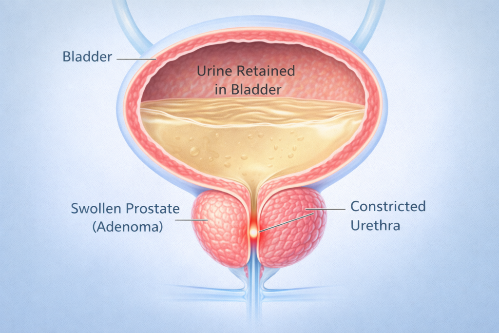 Diagram showing how prostate adenoma blocks urine flow in the bladder.