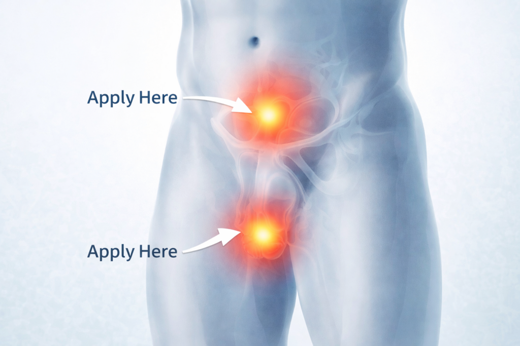 Diagram showing where to apply essential oils for prostate relief