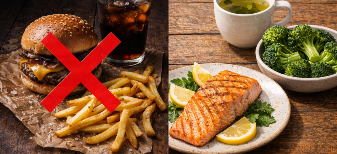 Alt Text: Comparison of worst foods for prostate health like red meat versus healthy alternatives like salmon.