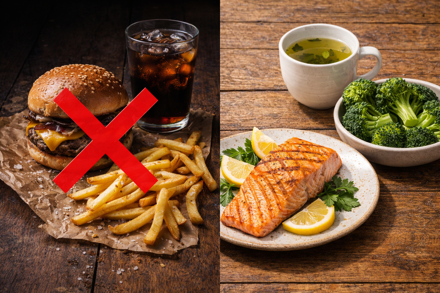 Alt Text: Comparison of worst foods for prostate health like red meat versus healthy alternatives like salmon.