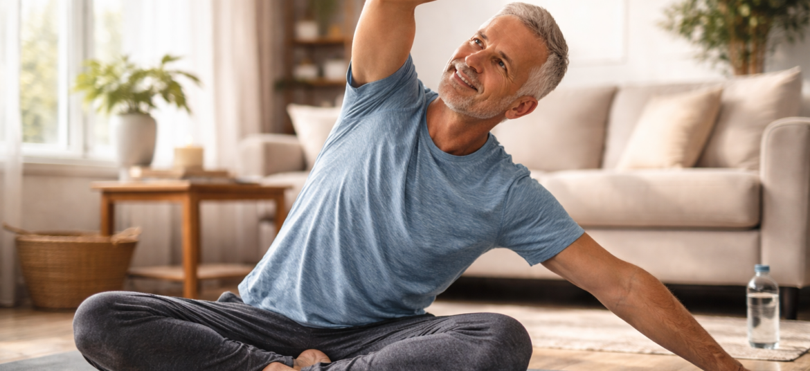 Senior man doing gentle yoga stretching in a bright living room for prostate health.