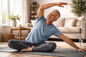 Senior man doing gentle yoga stretching in a bright living room for prostate health.