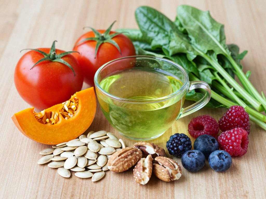 Healthy foods rich in nutrients for prostate health including tomatoes, pumpkin seeds, and green tea