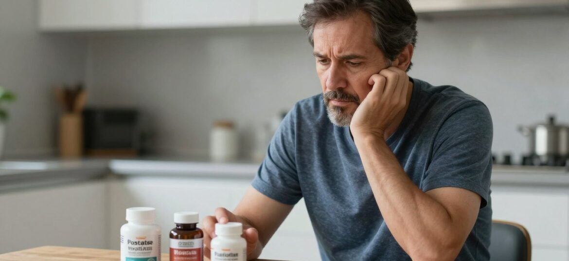 Man experiencing enlarged prostate symptoms looking at supplement bottles