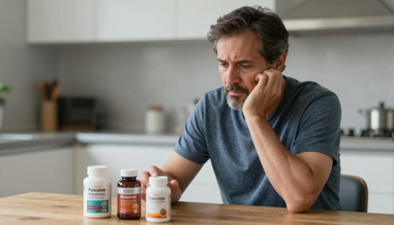 Man experiencing enlarged prostate symptoms looking at supplement bottles