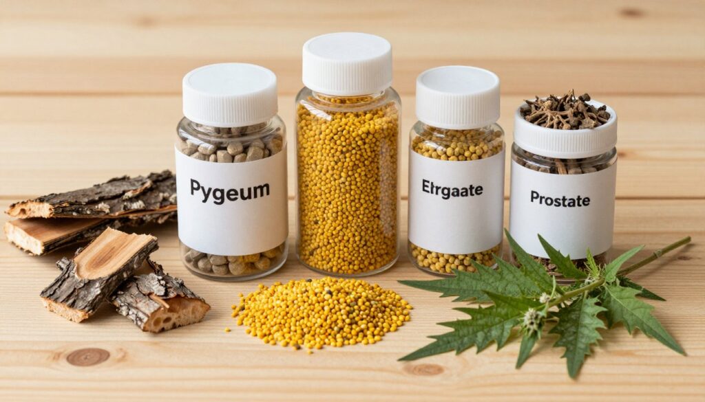 Natural supplements for enlarged prostate including pygeum, rye grass pollen, and stinging nettle