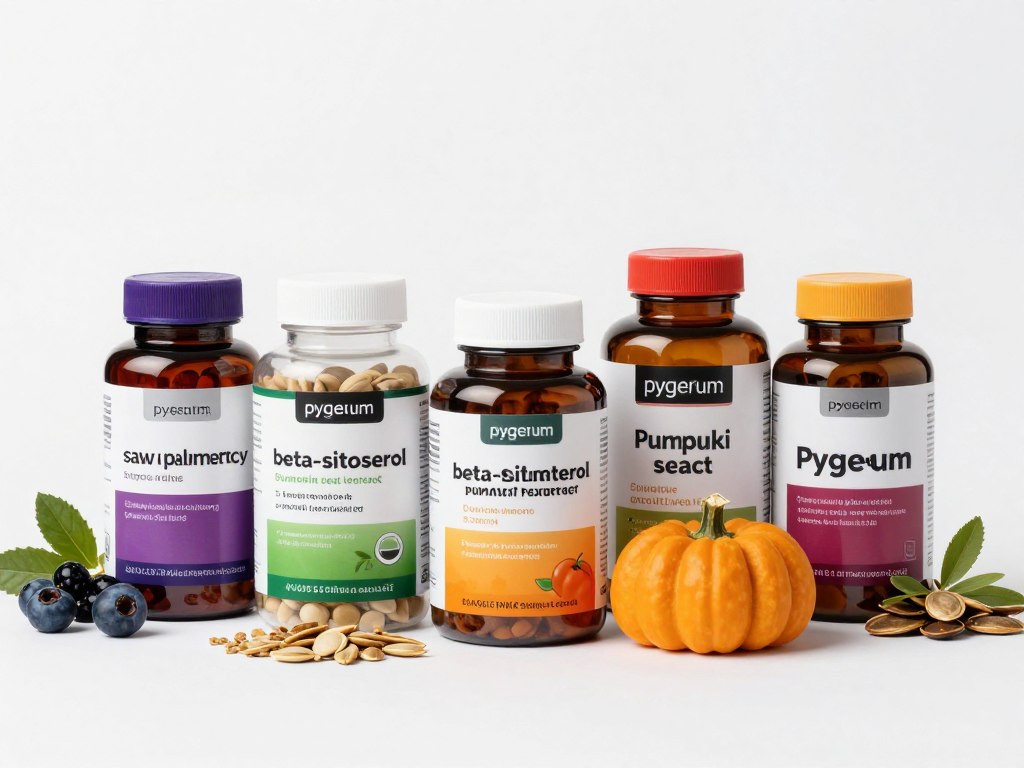 Various enlarged prostate supplements including saw palmetto, beta-sitosterol, and pumpkin seed extract